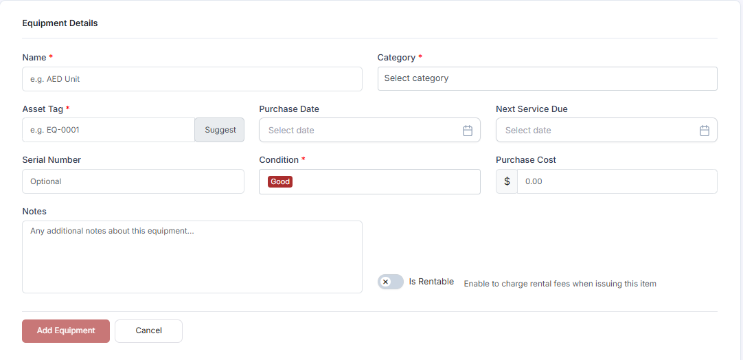 Equipment Details form the Add Equipment page with all fields visible