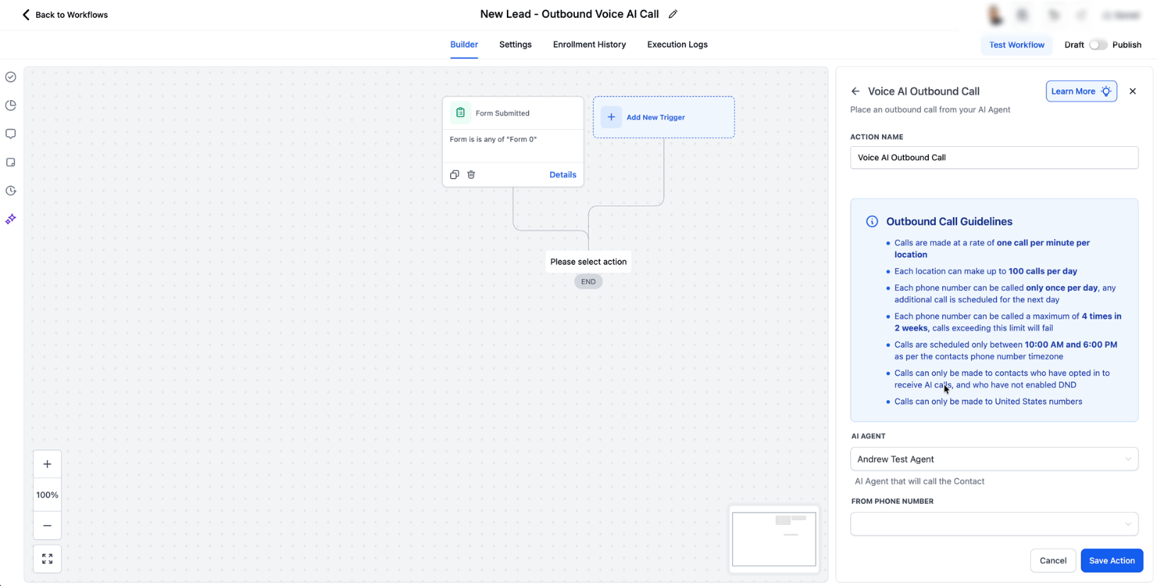 Voice AI Outbound Call configuration panel