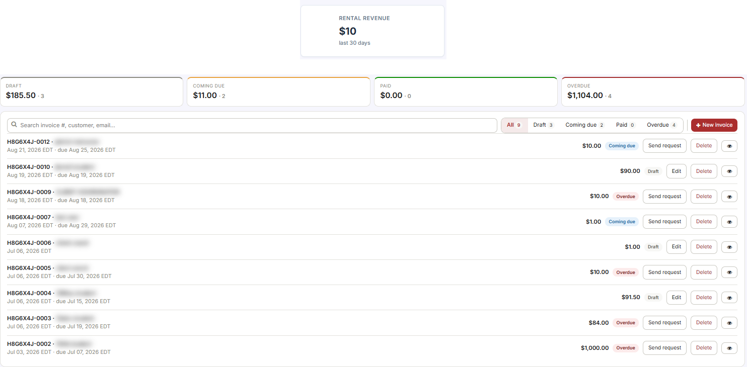 Equipment page Rental Revenue card and a generated rental invoice in Payments Invoices