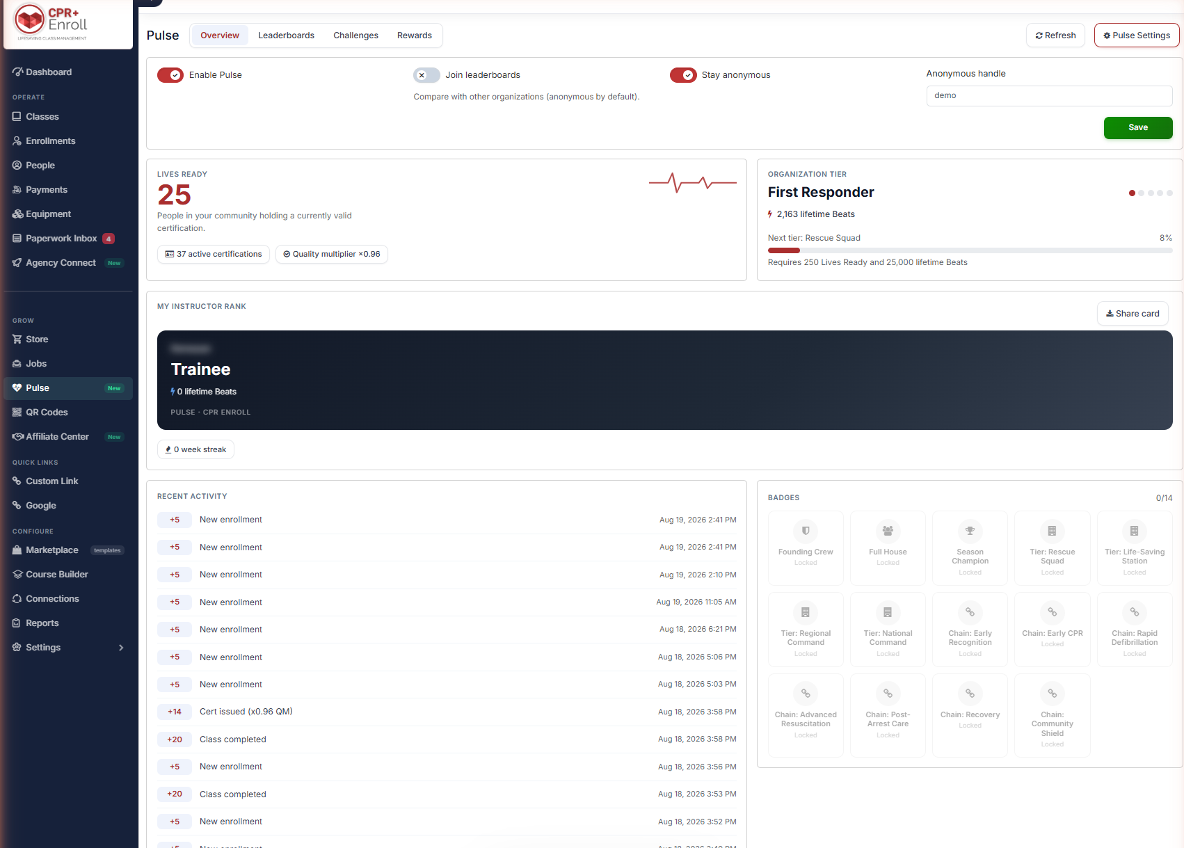Pulse Settings panel Enable Pulse, Join leaderboards, Stay anonymous, Anonymous handle