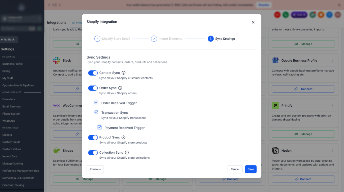 Shopify Import Elements screen showing historical data import options