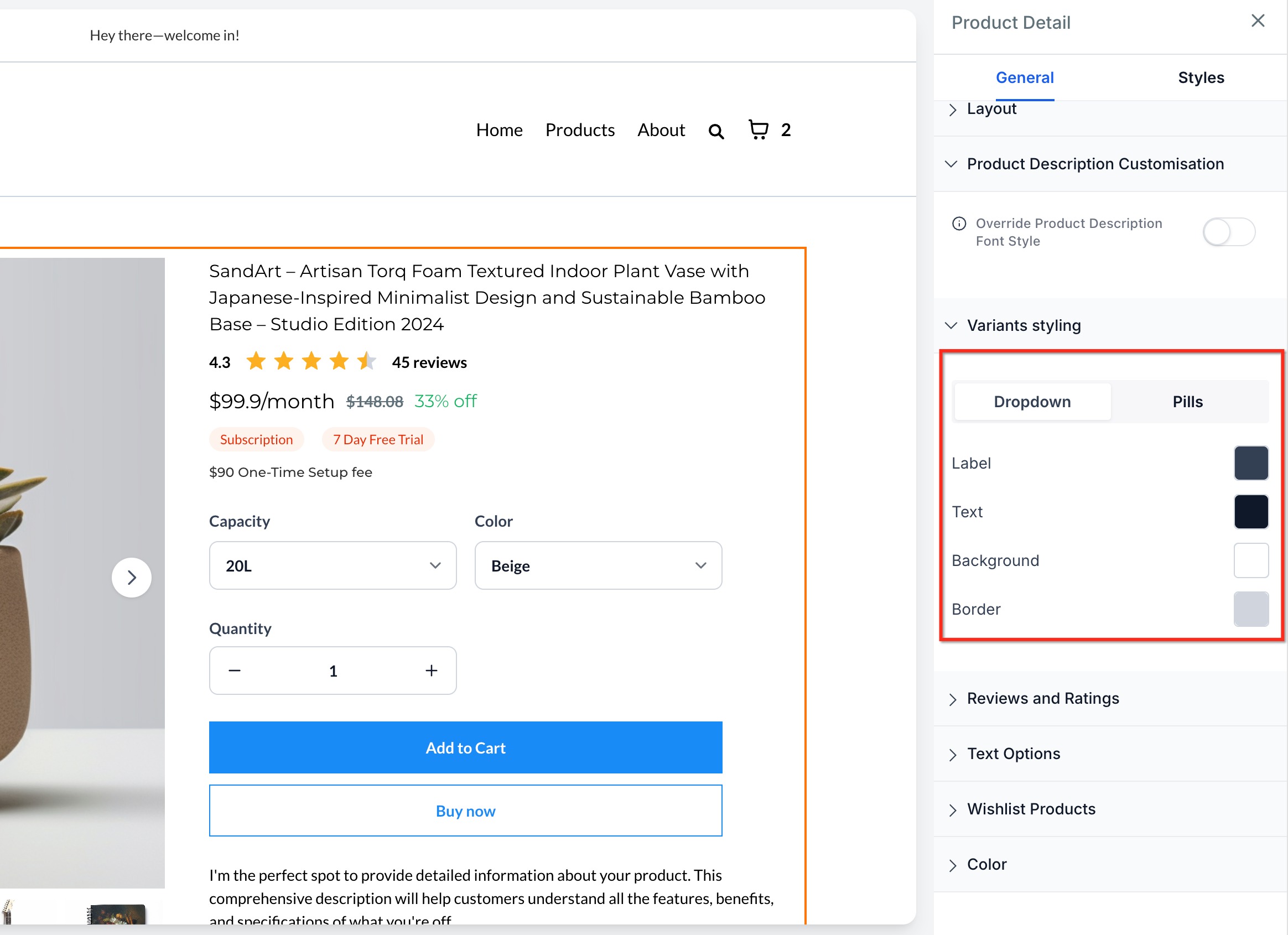 Dropdown product selector style on a Product Details Page