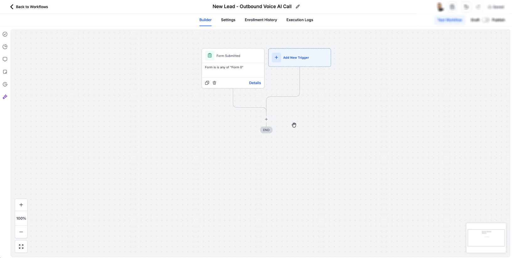 Workflow builder showing where to add the Voice AI Outbound Call action