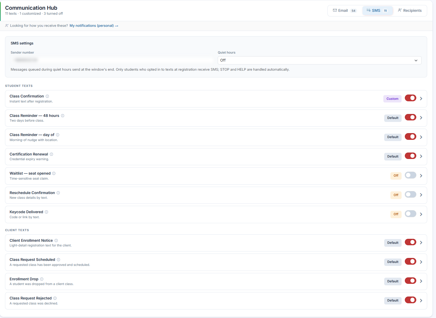 Communication Hub SMS view Sender number and Quiet hours settings (blur the sender number)