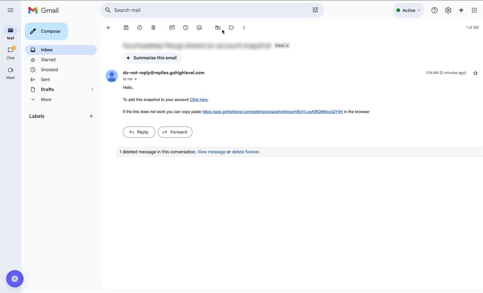 Snapshot invitation email containing a Snapshot import link