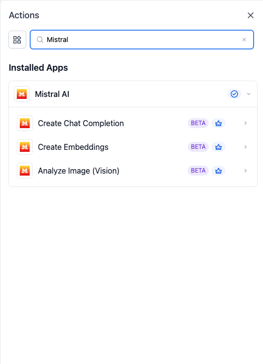 Mistral AI workflow actions available in the action selector