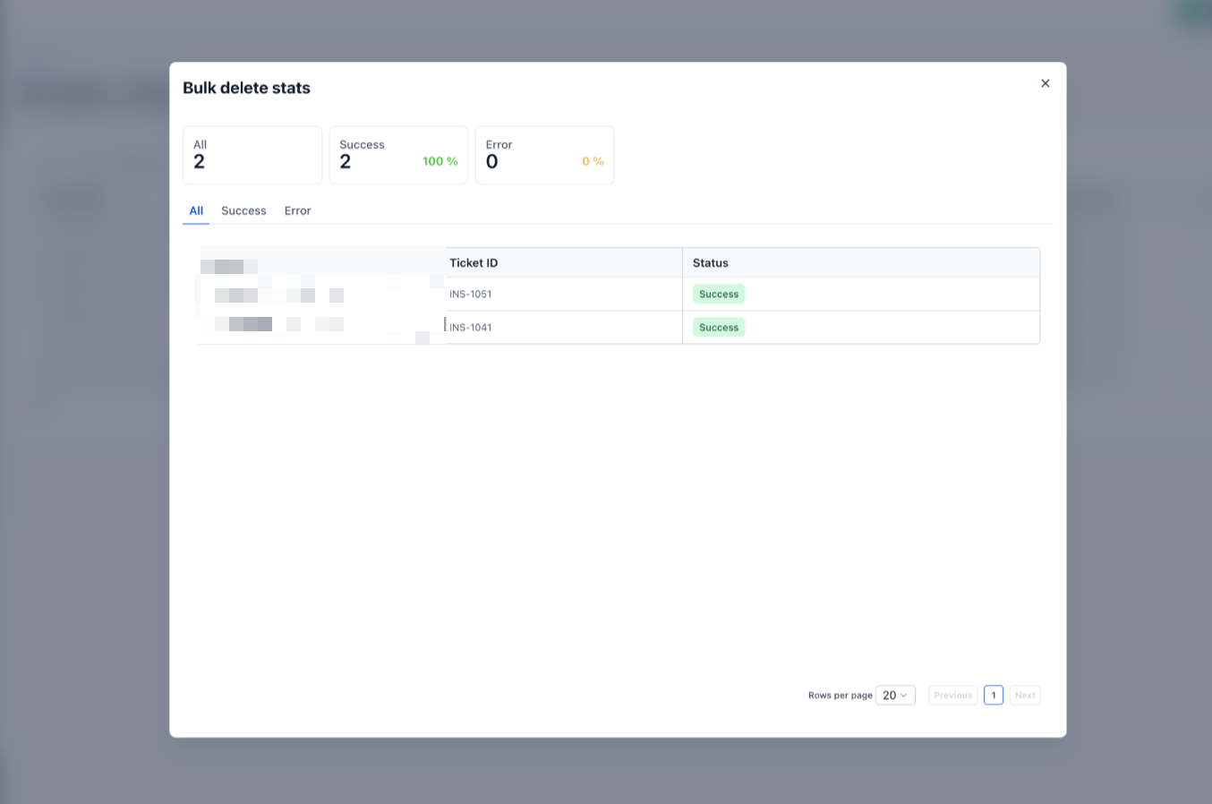 Bulk Actions page showing deletion job progress and status