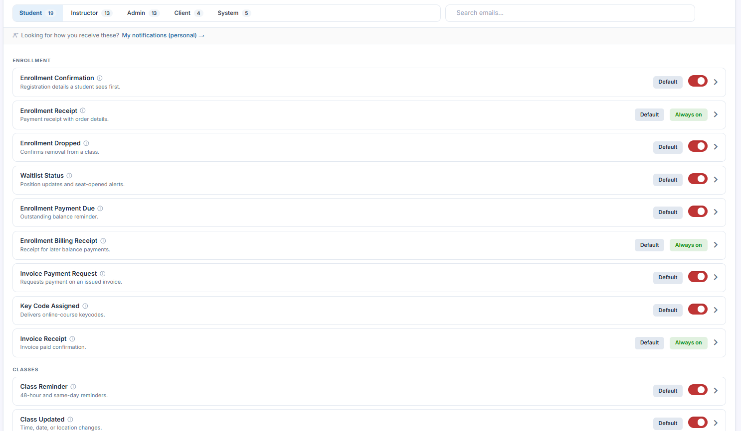 Communication Hub Email view audience tabs and message rows with Default/Custom badges