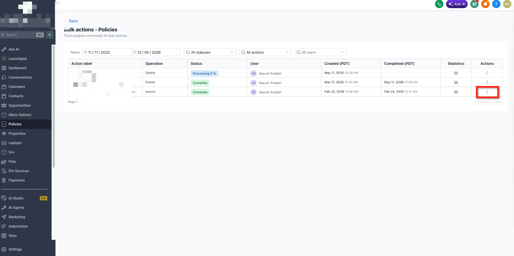Three-dot menu for a deletion job on the Bulk Actions page