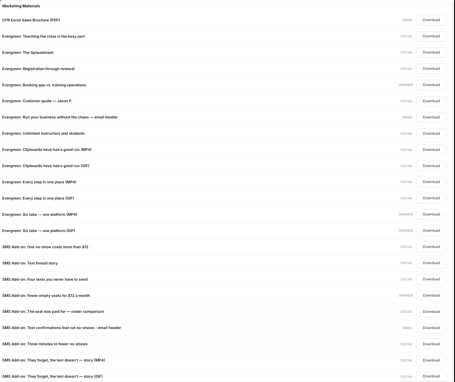 Affiliate Center Marketing Materials section showing EMAIL / SOCIAL / BANNER tags