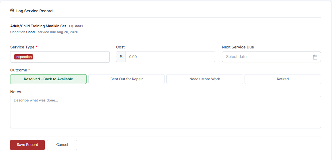 Log Service dialog recording maintenance against an item
