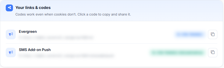 Affiliate Center Your links codes panel (blur the actual referral code)