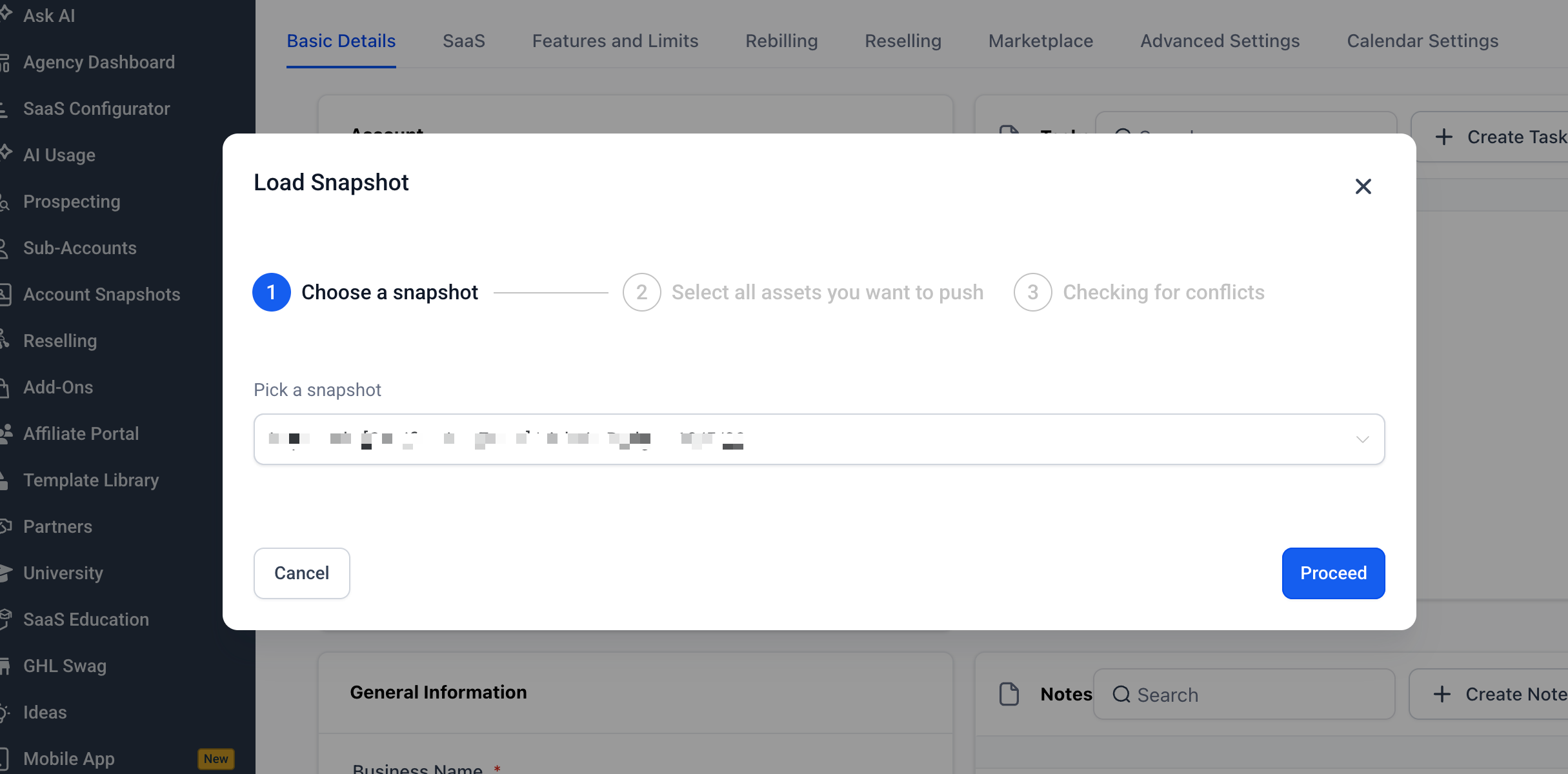 Load Snapshot dialog showing the Snapshot selection field