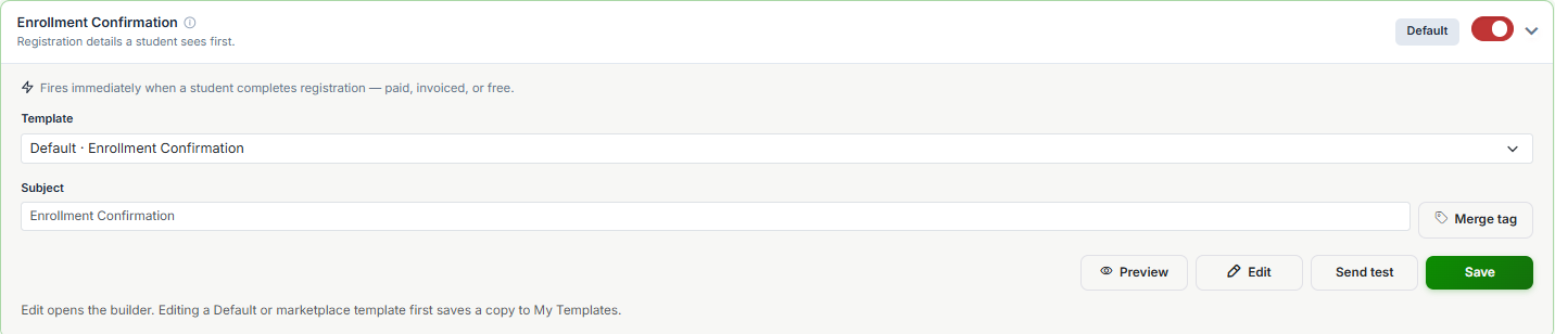 Communication Hub an expanded email row showing Template, Subject and the four buttons
