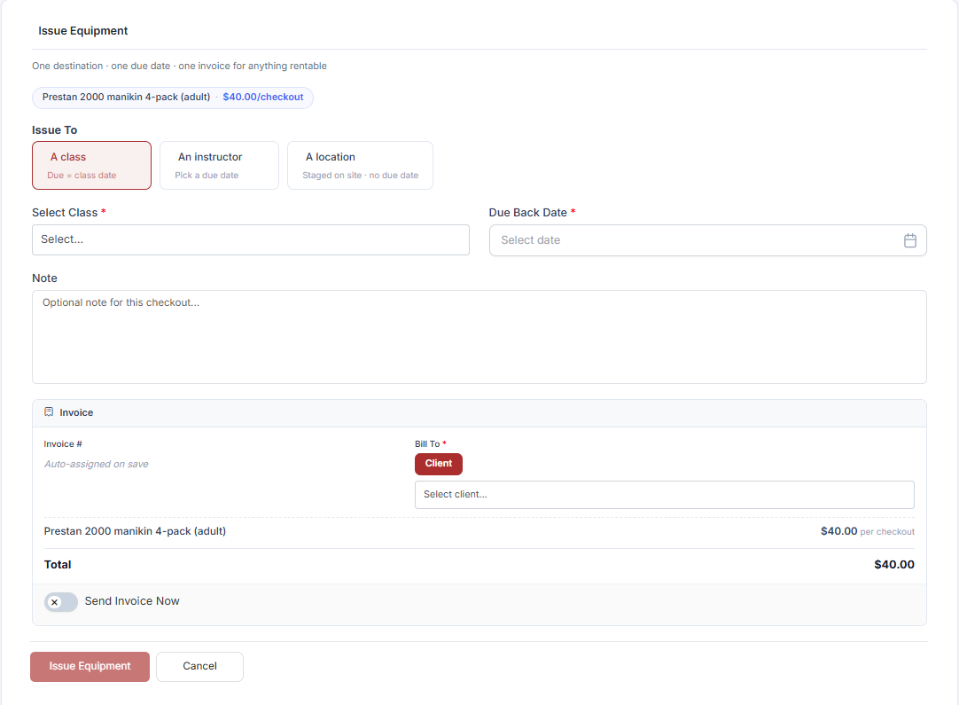 Issue Equipment form Issue To options and the Invoice panel with Send Invoice Now
