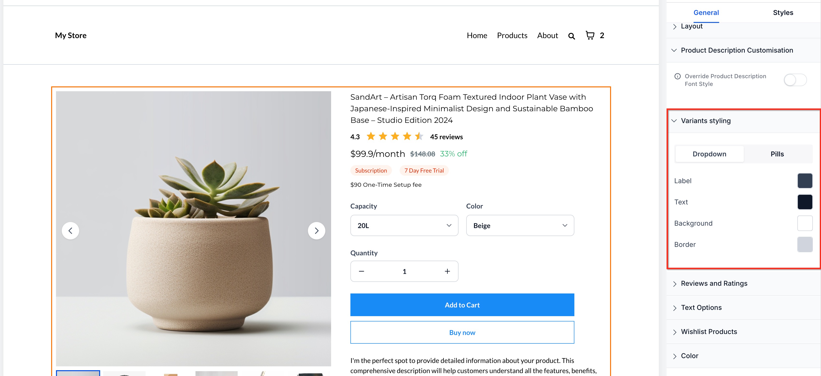 Variants styling controls in the Product Details element settings