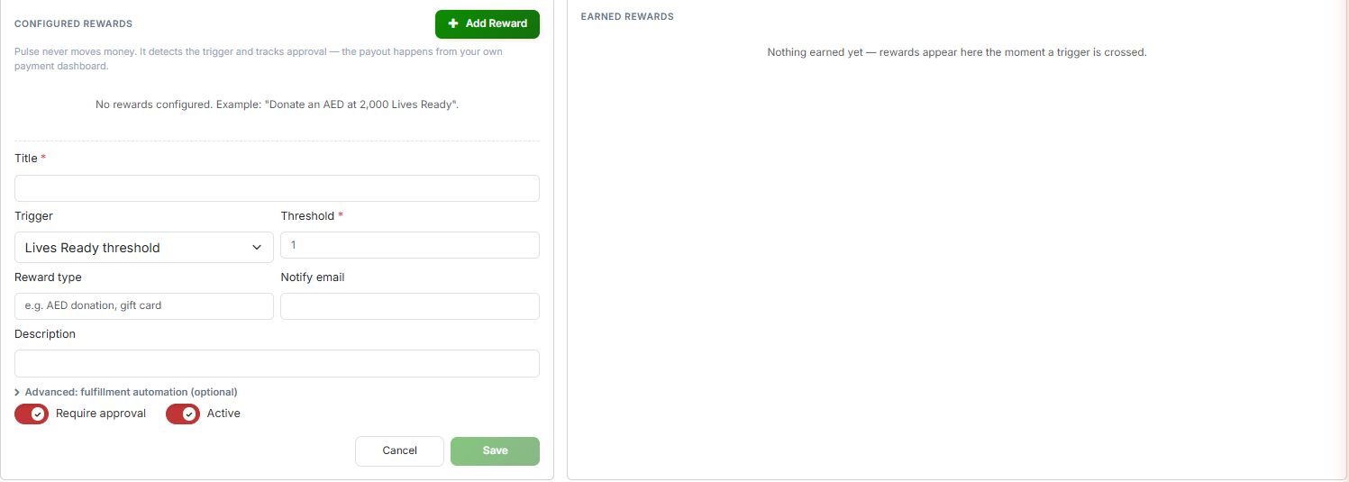 Pulse Rewards tab Add Reward form showing Title, Trigger, Threshold, Reward type and the Require approval to