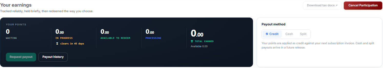 Affiliate Center Your earnings header with the five point counters