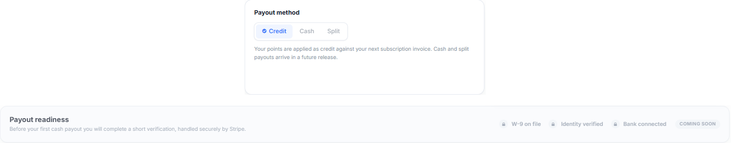 Affiliate Center   Payout method card and Payout readiness strip