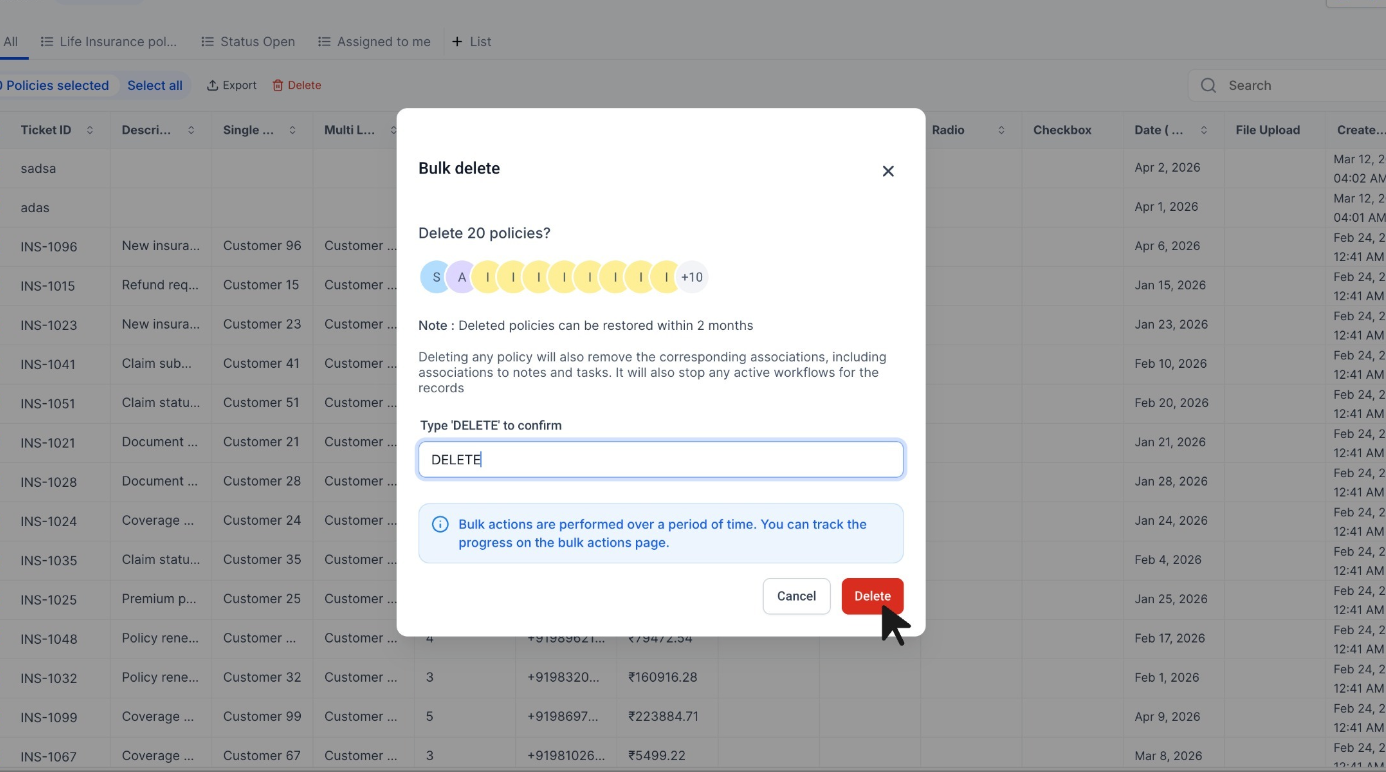 Bulk delete confirmation dialog