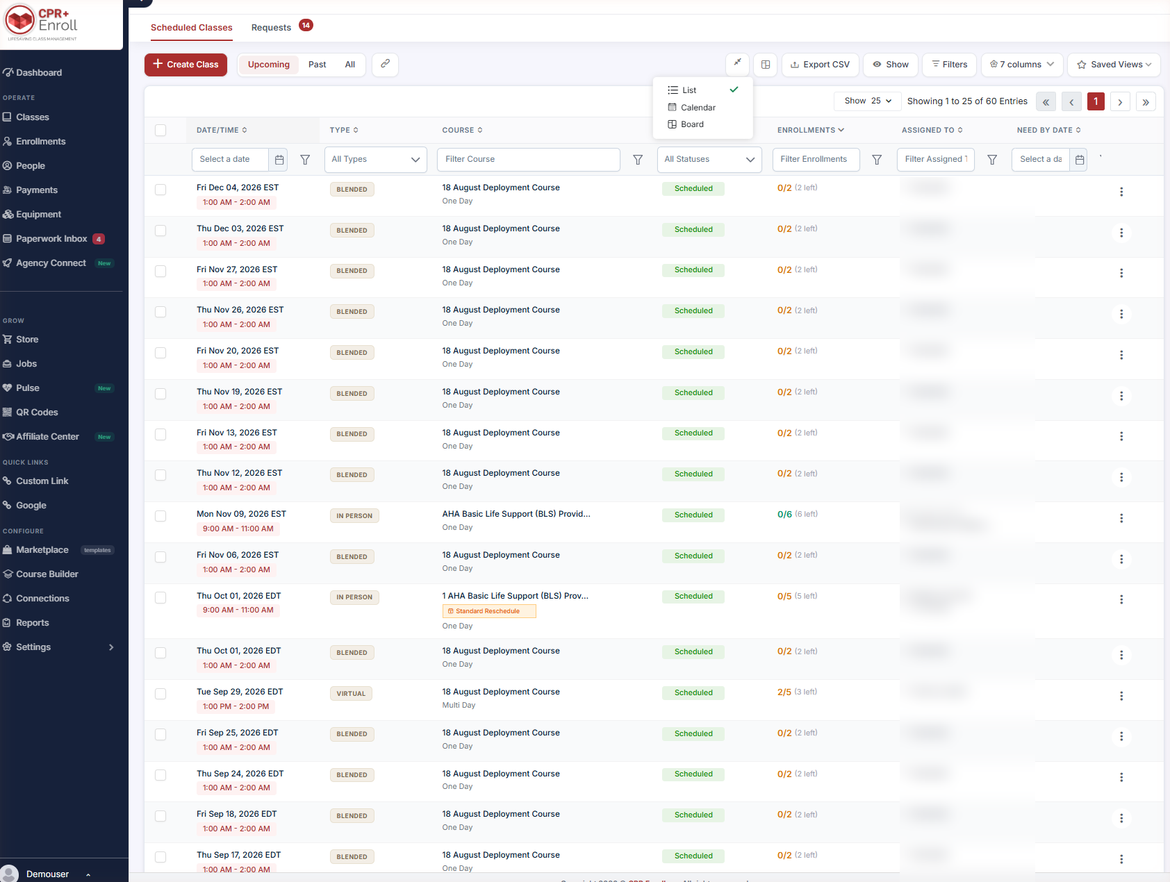 Classes toolbar with the Change View menu open showing List, Calendar and Board