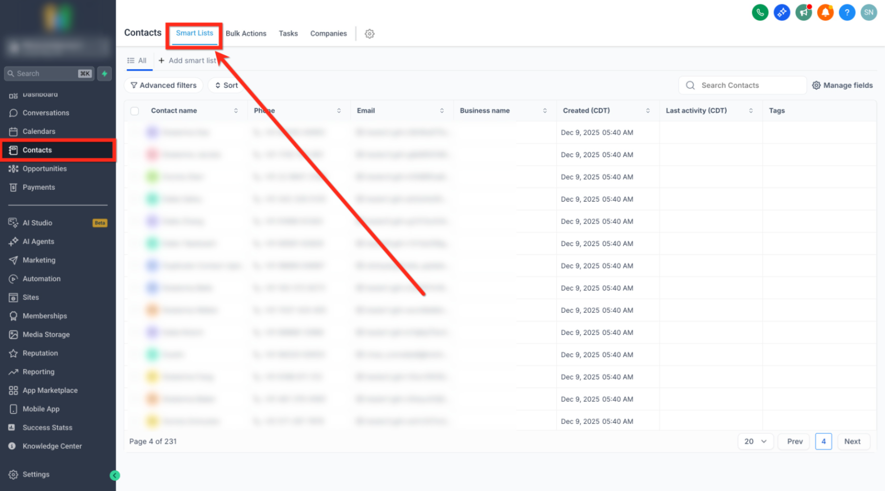 Contacts Smart Lists page used to prepare contacts for bulk workflow enrollment